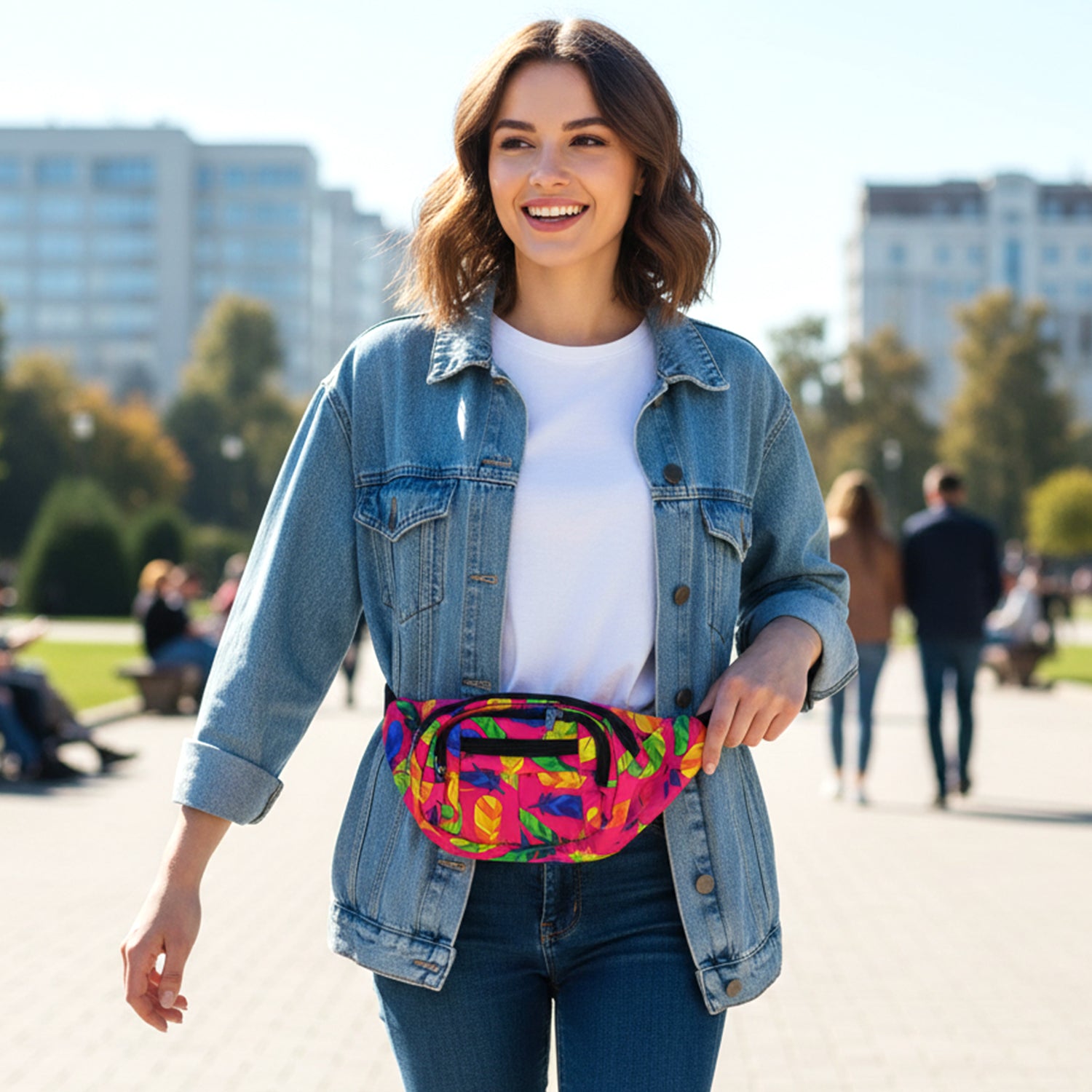 Wukusy stylish printed waist bag with adjustable strap, featuring vibrant colorful patterns, perfect for casual outdoor use.