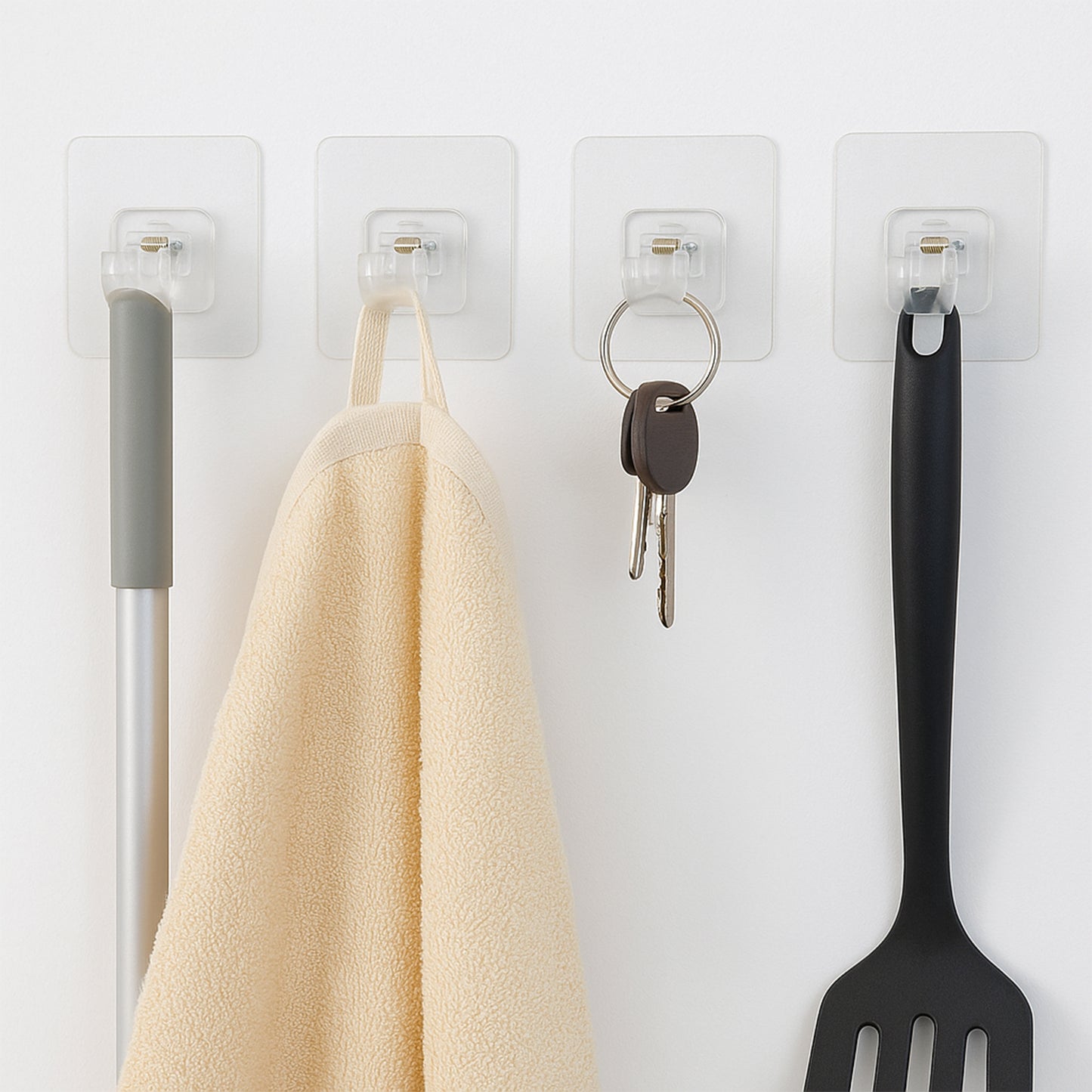 Transparent self-adhesive wall hook holder clip by Wukusy, showing the clear hook attached to a wall surface.