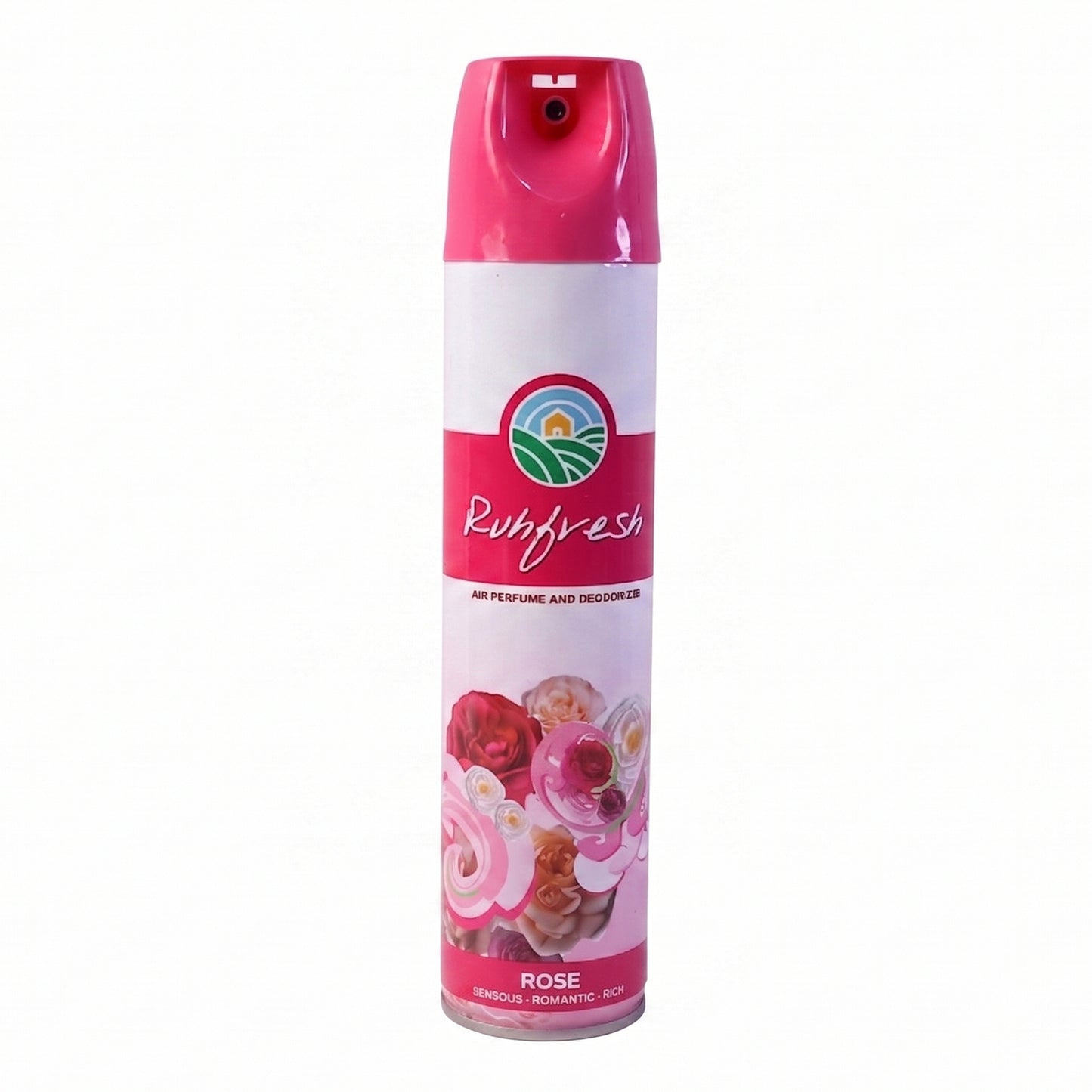 Wukusy Rose air freshener spray bottle, 220ml with floral rose scent, shown in a clear spray bottle.