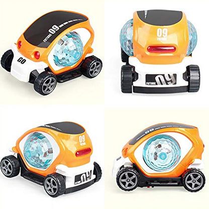 Wukusy plastic 360-degree rotating stunt toy car with bump and go action, 4D lights, music, mini disco ball for kids.