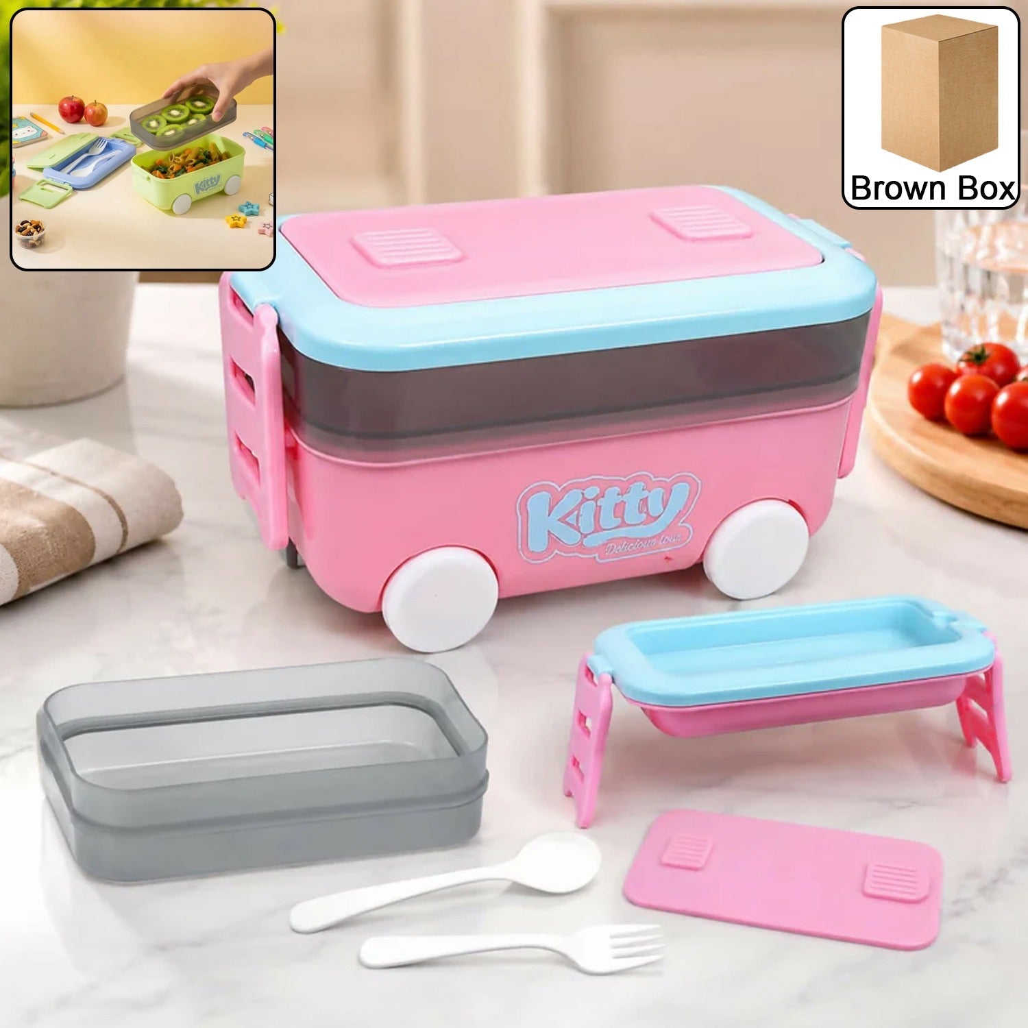 Wukusy car-shaped kids lunch box with wheels, includes spoon and fork, perfect for school tiffin, colorful and fun design.