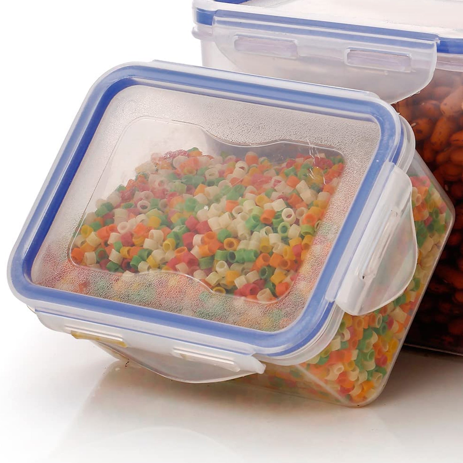 Set of three transparent rectangle Wukusy food storage containers with leak-proof locking lids in 500ml, 1000ml, and 1500ml capacities.