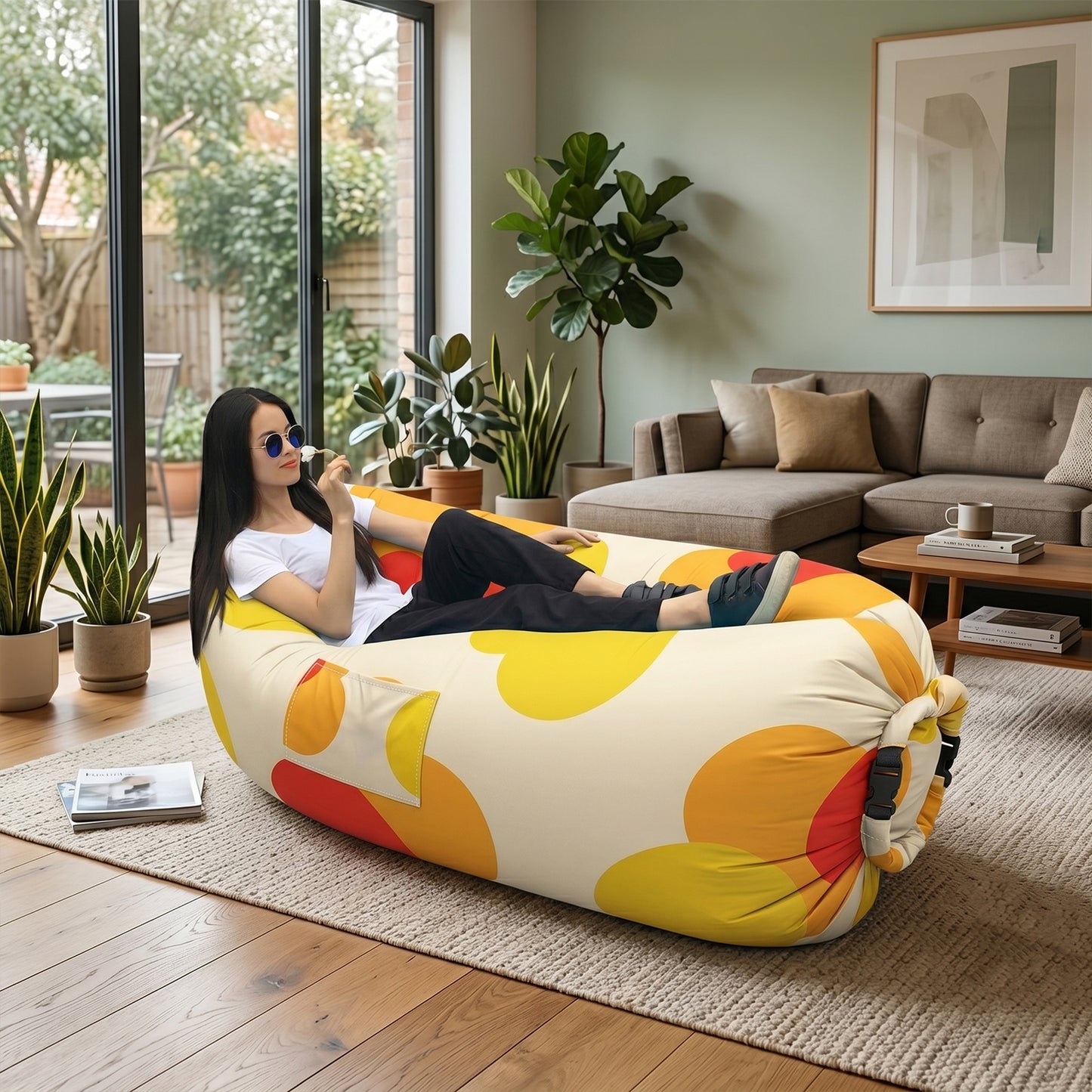 Wukusy portable inflatable air lounger sofa for outdoor beach, garden, and travel, shown fully inflated on grass.