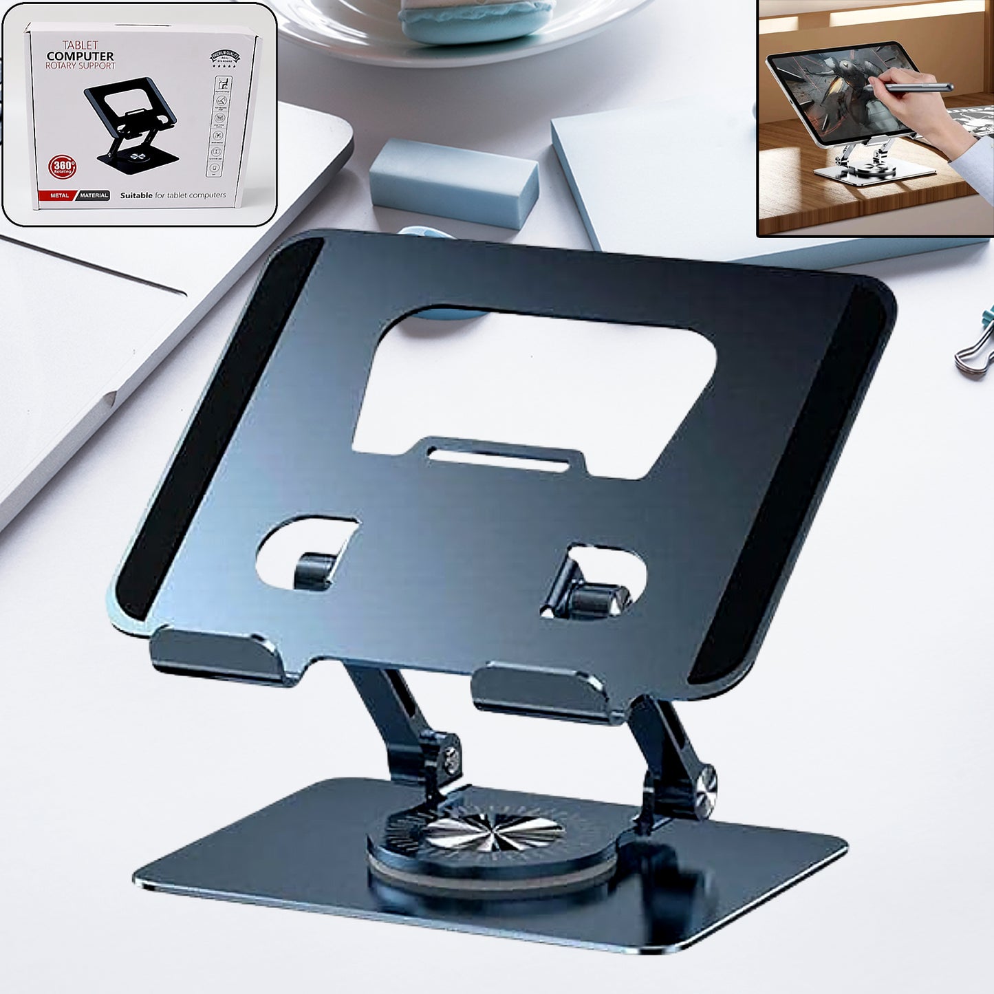Wukusy aluminum alloy 360° rotating adjustable laptop stand, portable foldable ergonomic support for mobile accessories.