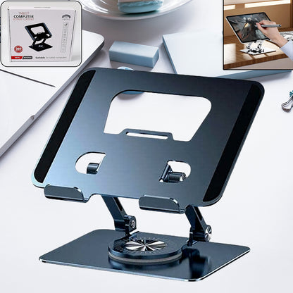 Wukusy aluminum alloy 360° rotating adjustable laptop stand, portable foldable ergonomic support for mobile accessories.