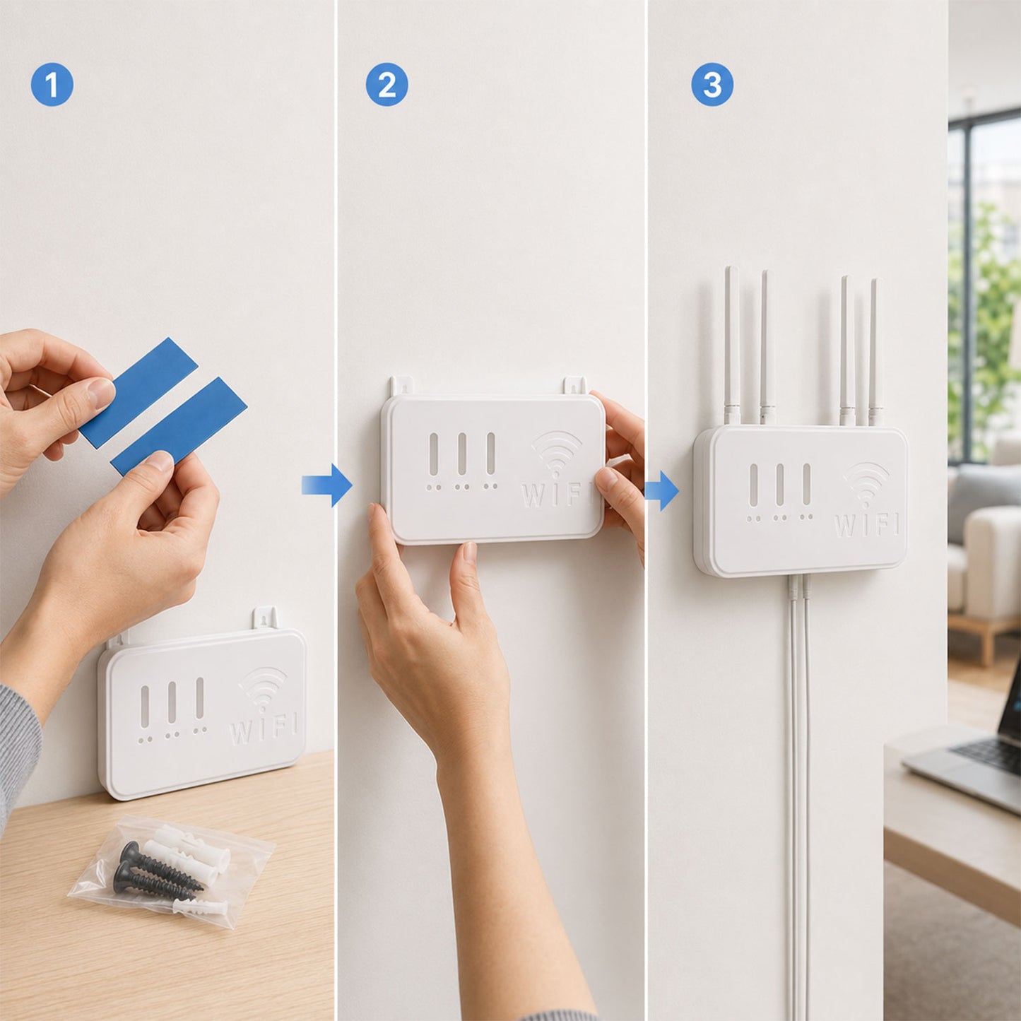Wukusy wall mount WiFi router holder storage box with screws, mounted on wall to organize and protect router and cables.