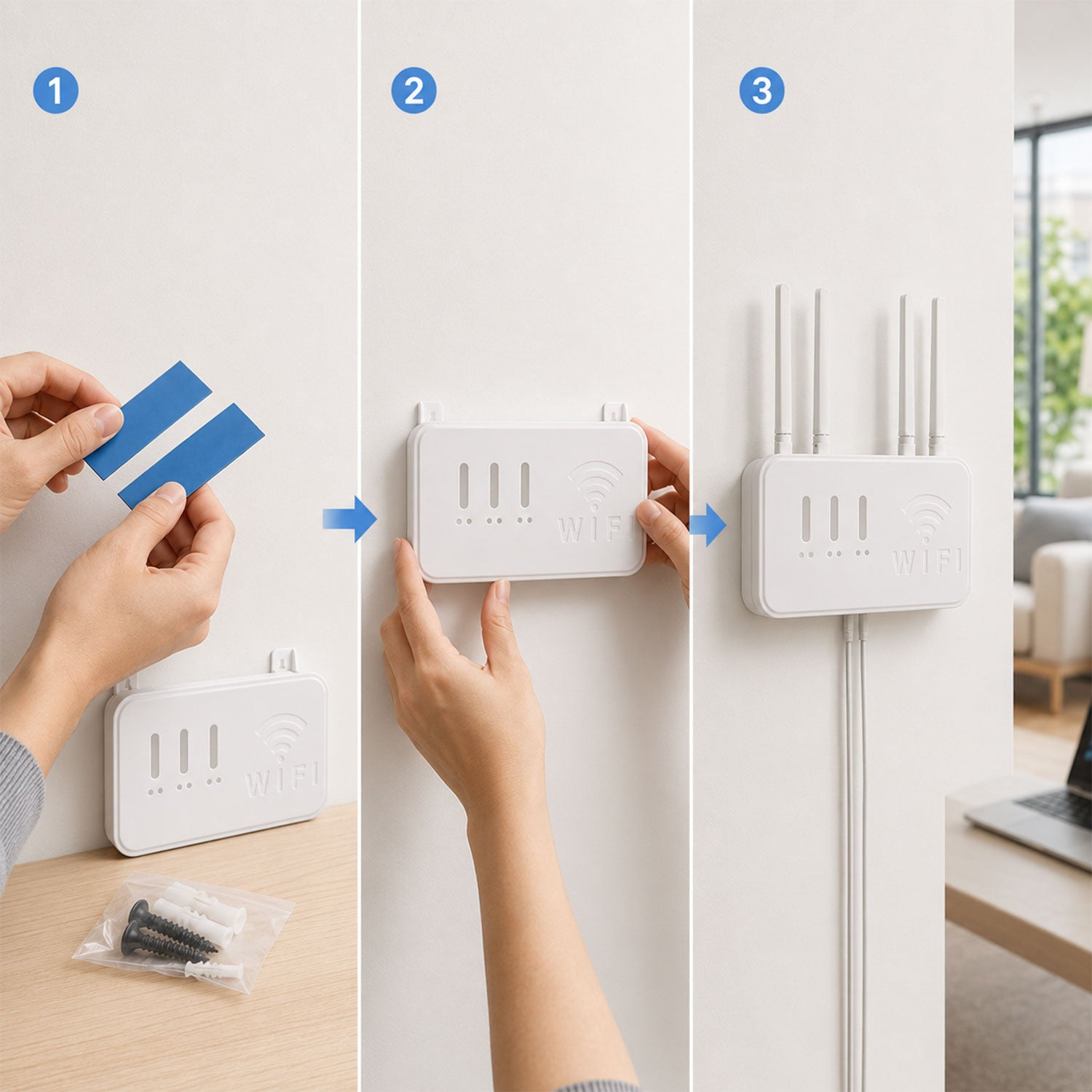 Wukusy wall mount WiFi router holder storage box with screws, mounted on wall to organize and protect router and cables.