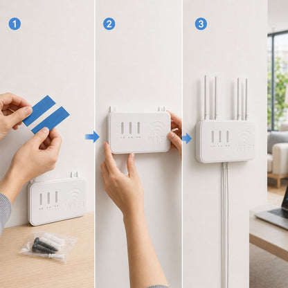 Wukusy wall mount WiFi router holder storage box with screws, mounted on wall to organize and protect router and cables.