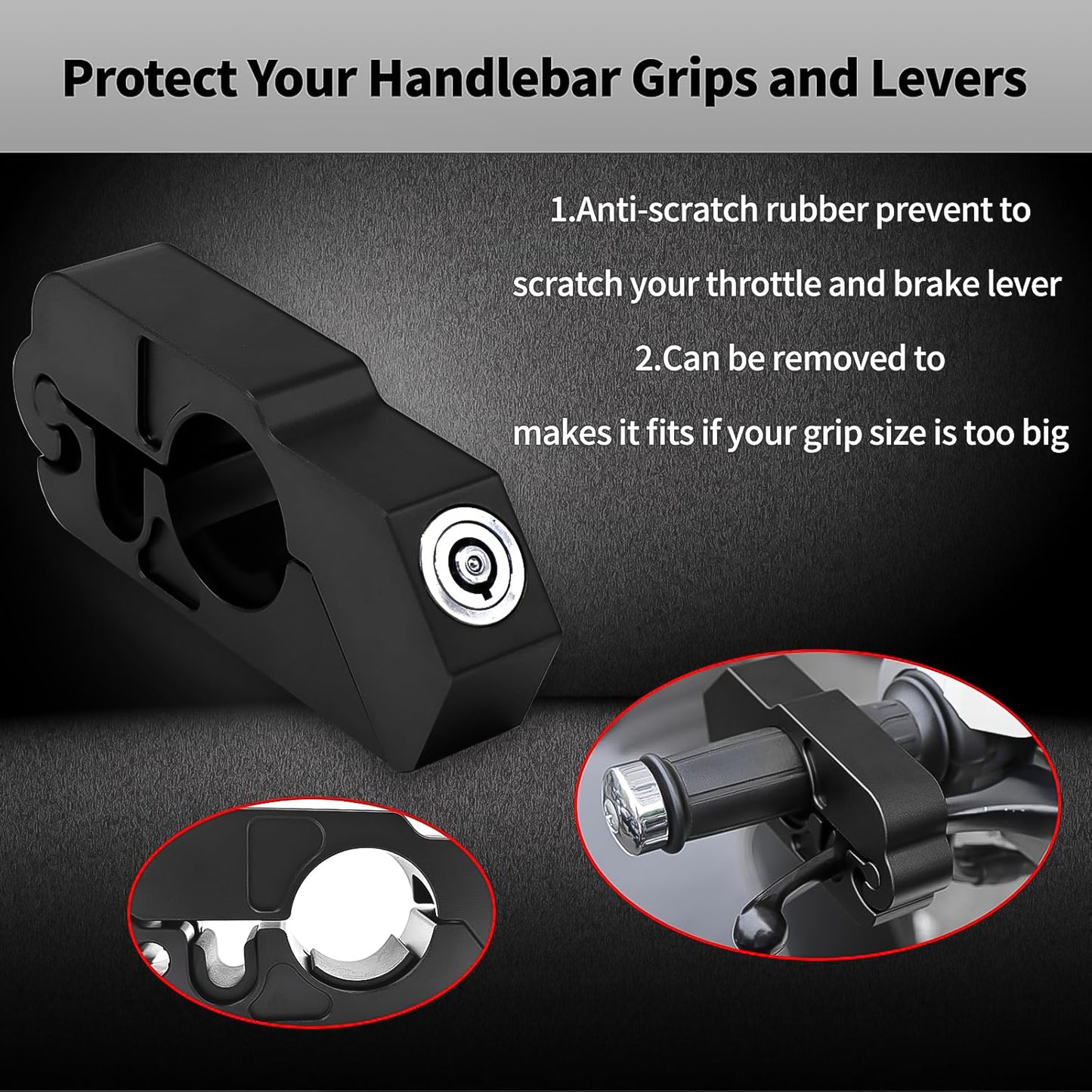 Wukusy 7523 motorcycle grip lock on handlebar, securing throttle grip with a universal security lock for motorcycle safety.