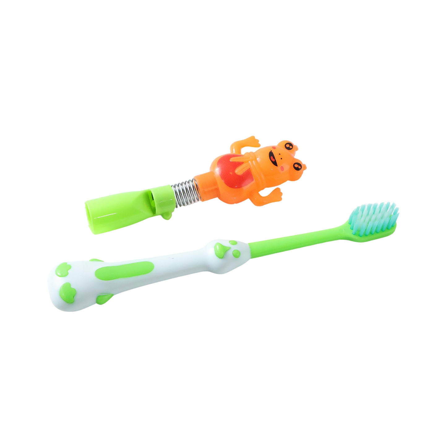 Kids cartoon spring frog toy and toothbrush set by Wukusy, colorful rubber frog with toothbrush and playful design