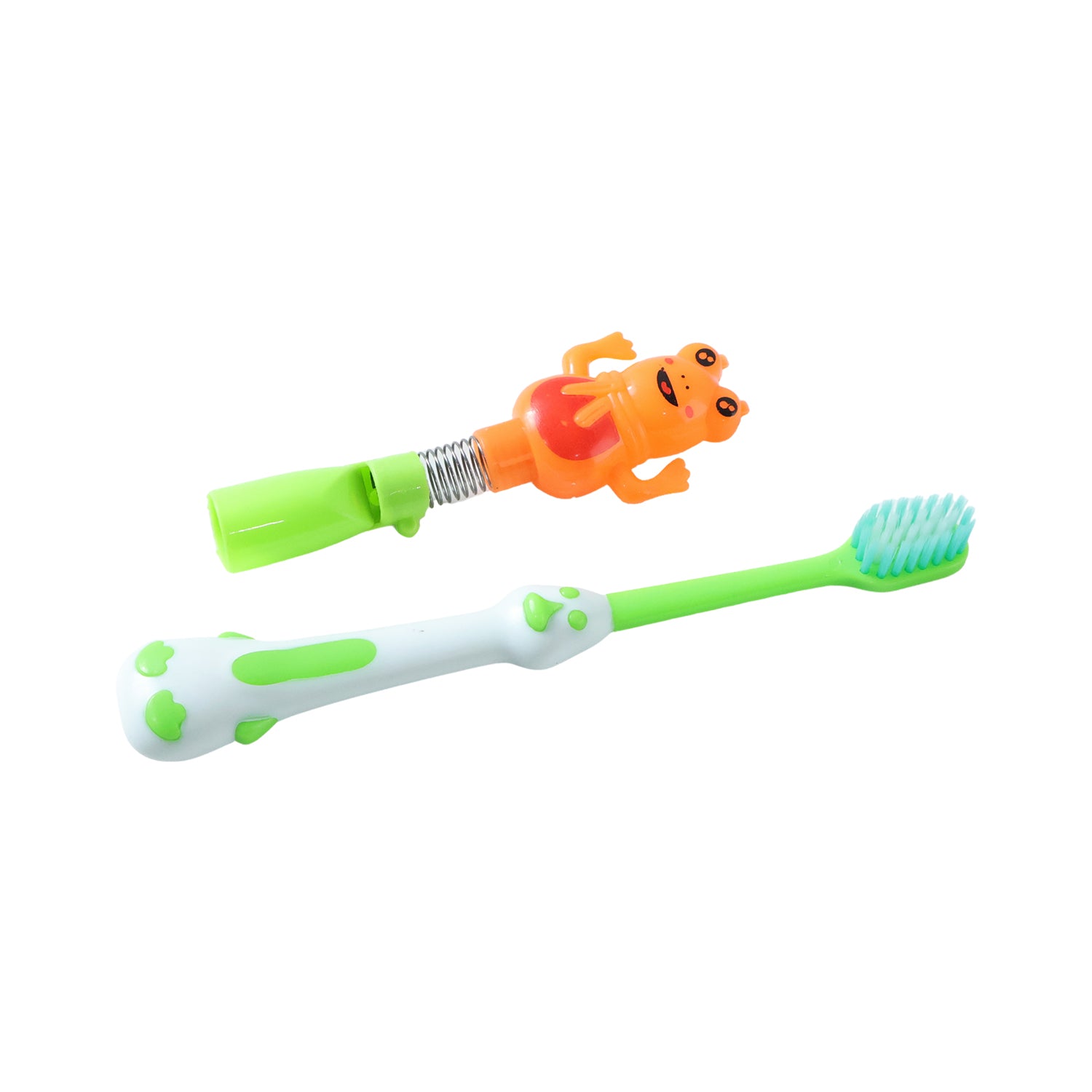 Kids cartoon spring frog toy and toothbrush set by Wukusy, colorful rubber frog with toothbrush and playful design