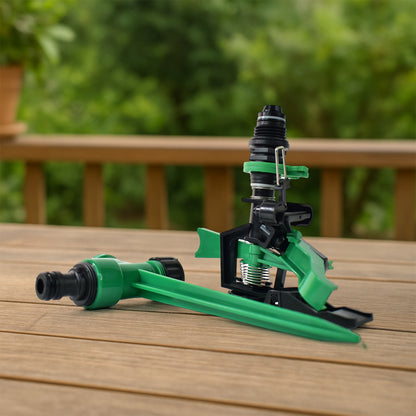 Wukusy 360-degree rotating garden impact sprinkler watering lawn and garden with even spray coverage.