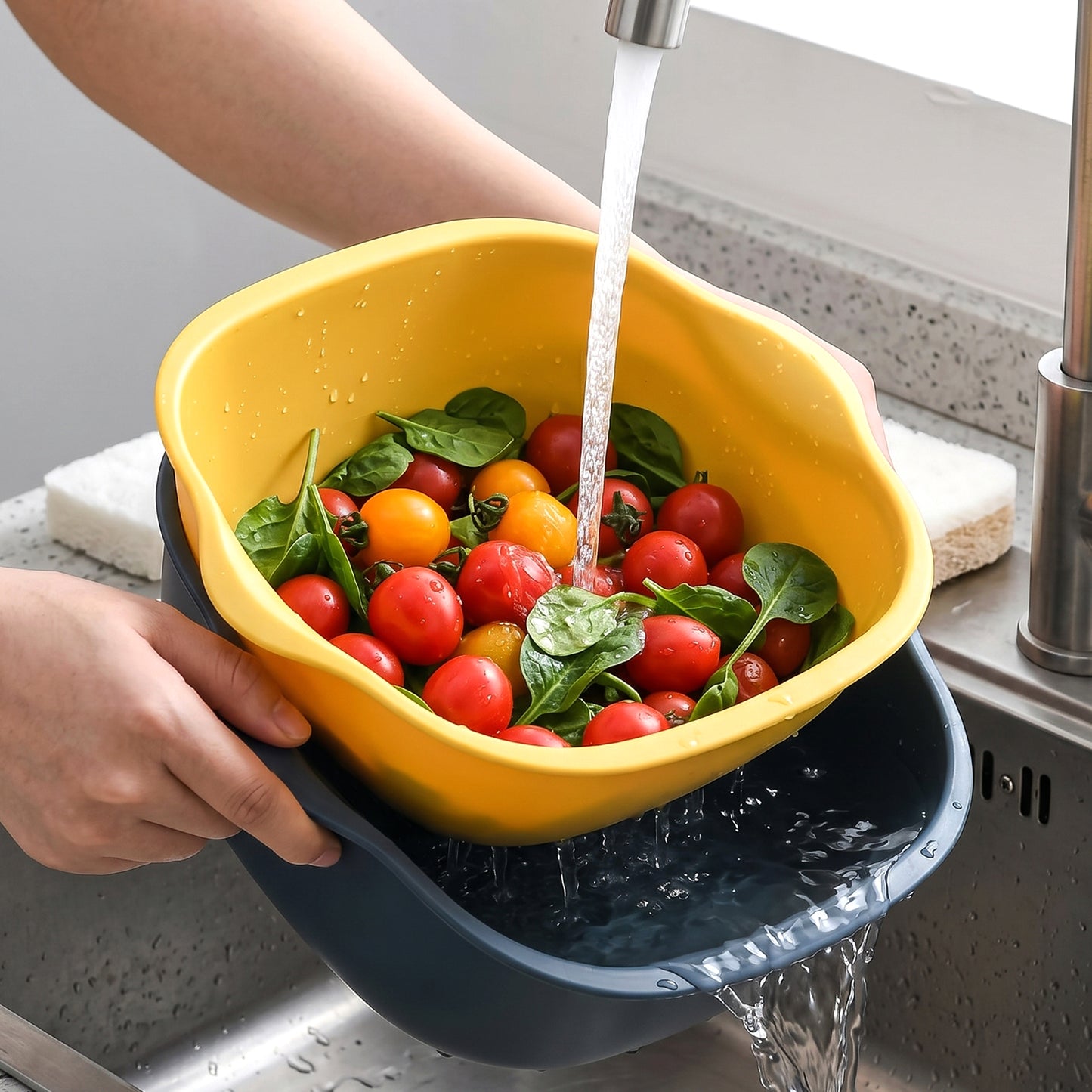Wukusy 2-in-1 plastic washing bowl with drain basket for laundry and cleaning, featuring a sturdy design and integrated drainage system.