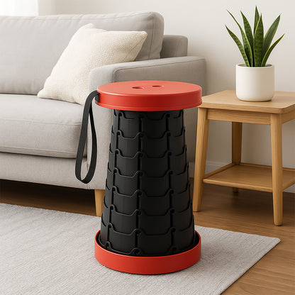 Wukusy adjustable portable telescopic folding stool for home improvement, showing its compact folded and extended positions.