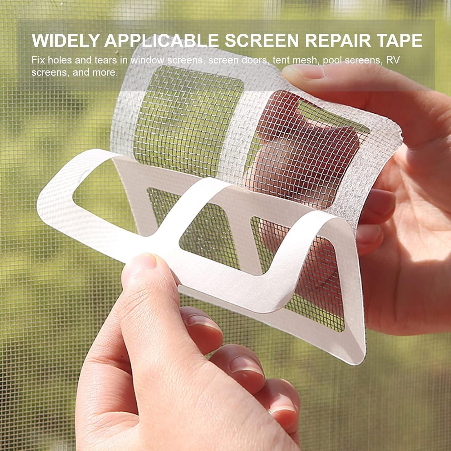 Wukusy window screen repair tape, 4-inch wide, for home improvement, showing the tape applied to a window screen.
