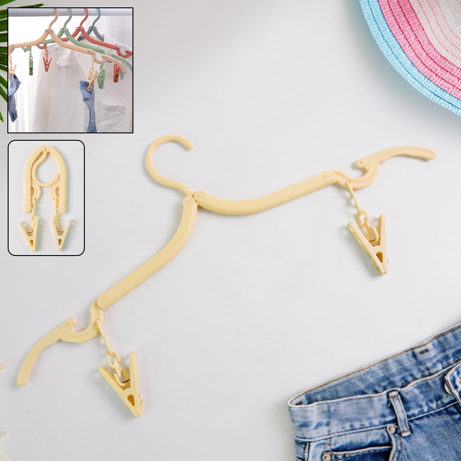 Wukusy foldable cloth hanger with dual clips for versatile home use, shown with clothing and fabric hanging on the hanger.