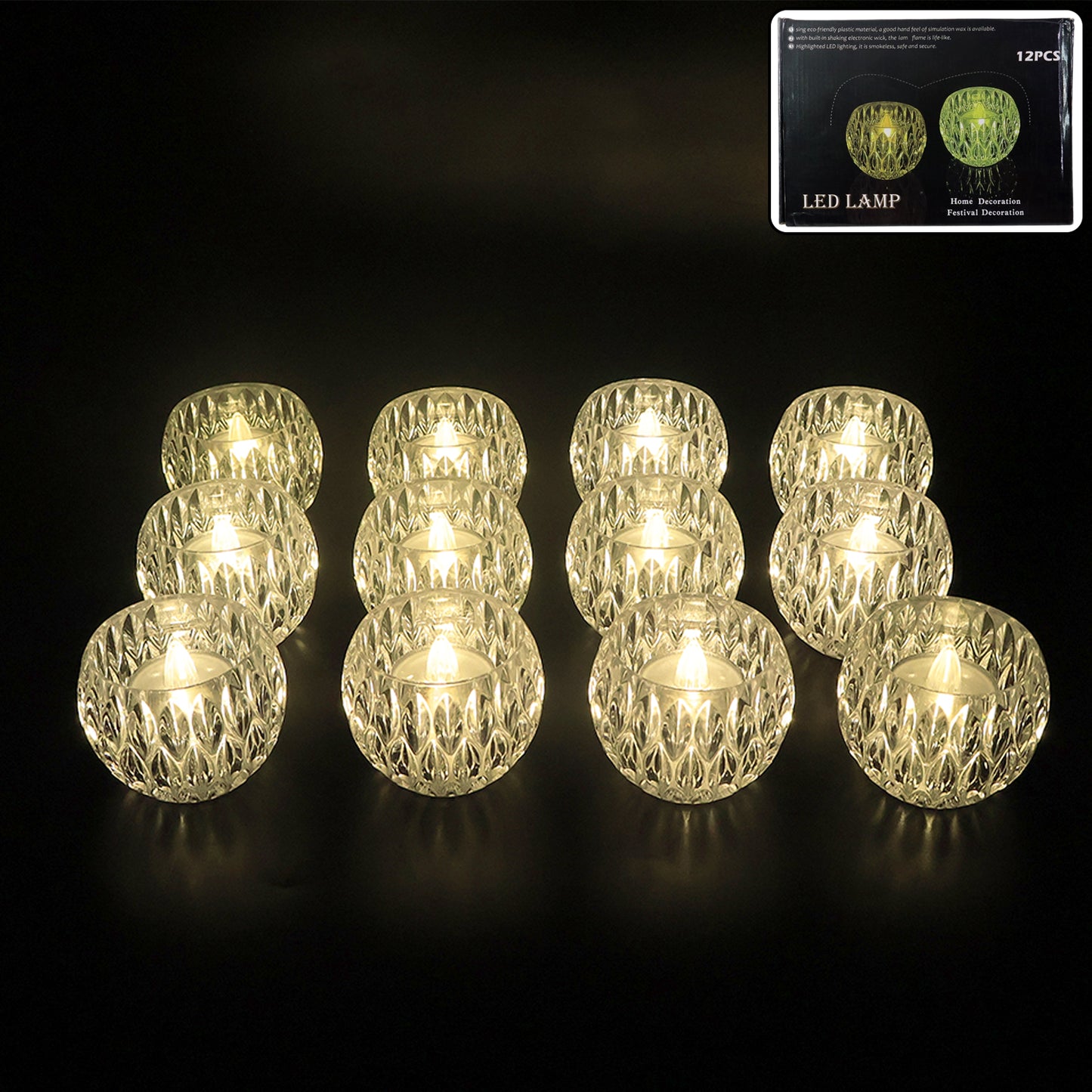 Set of 12 Wukusy crystal-style LED decorative candle lamps for home decor, featuring elegant glass-like design and warm lighting.