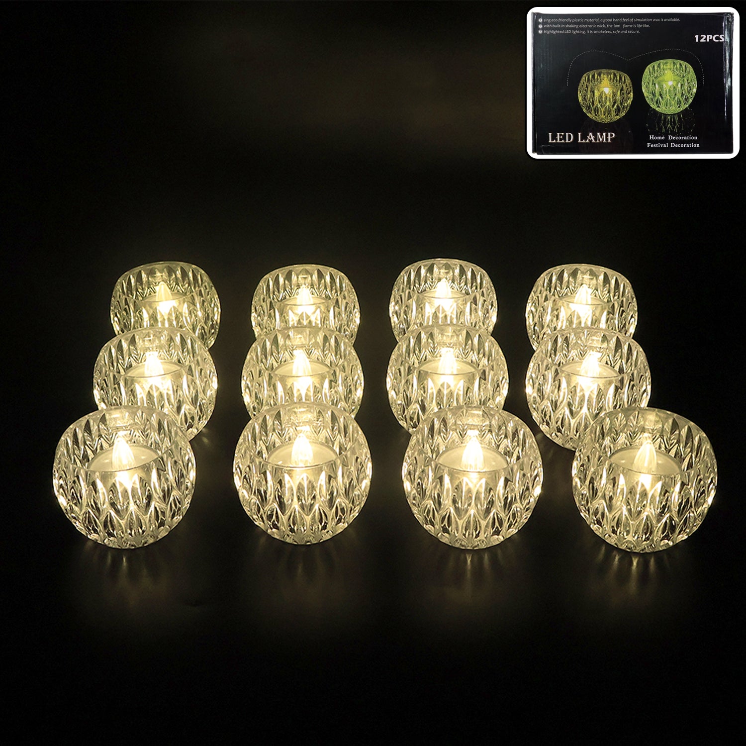 Set of 12 Wukusy crystal-style LED decorative candle lamps for home decor, featuring elegant glass-like design and warm lighting.
