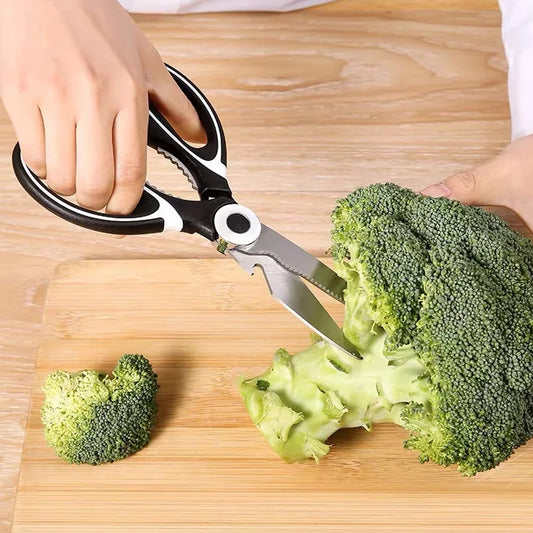 Wukusy 3-in-1 kitchen tool with stainless steel vegetable, fruit, cheese, meat slicer, bottle opener, and seafood scissors.