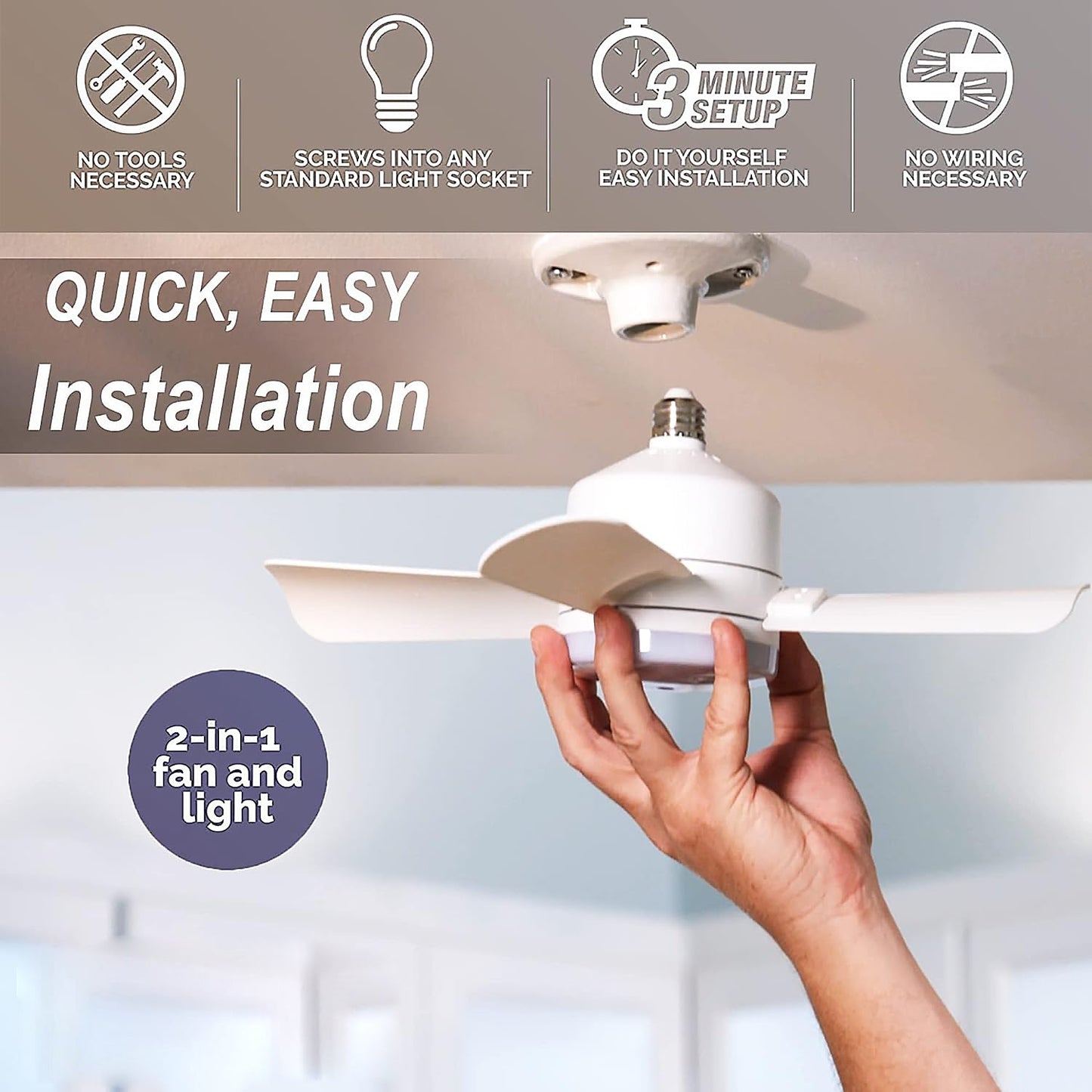 Wukusy Socket Fan Light Original cool white LED ceiling light with remote, 1000 lumens, 5000K, suitable for bedroom, kitchen, living room