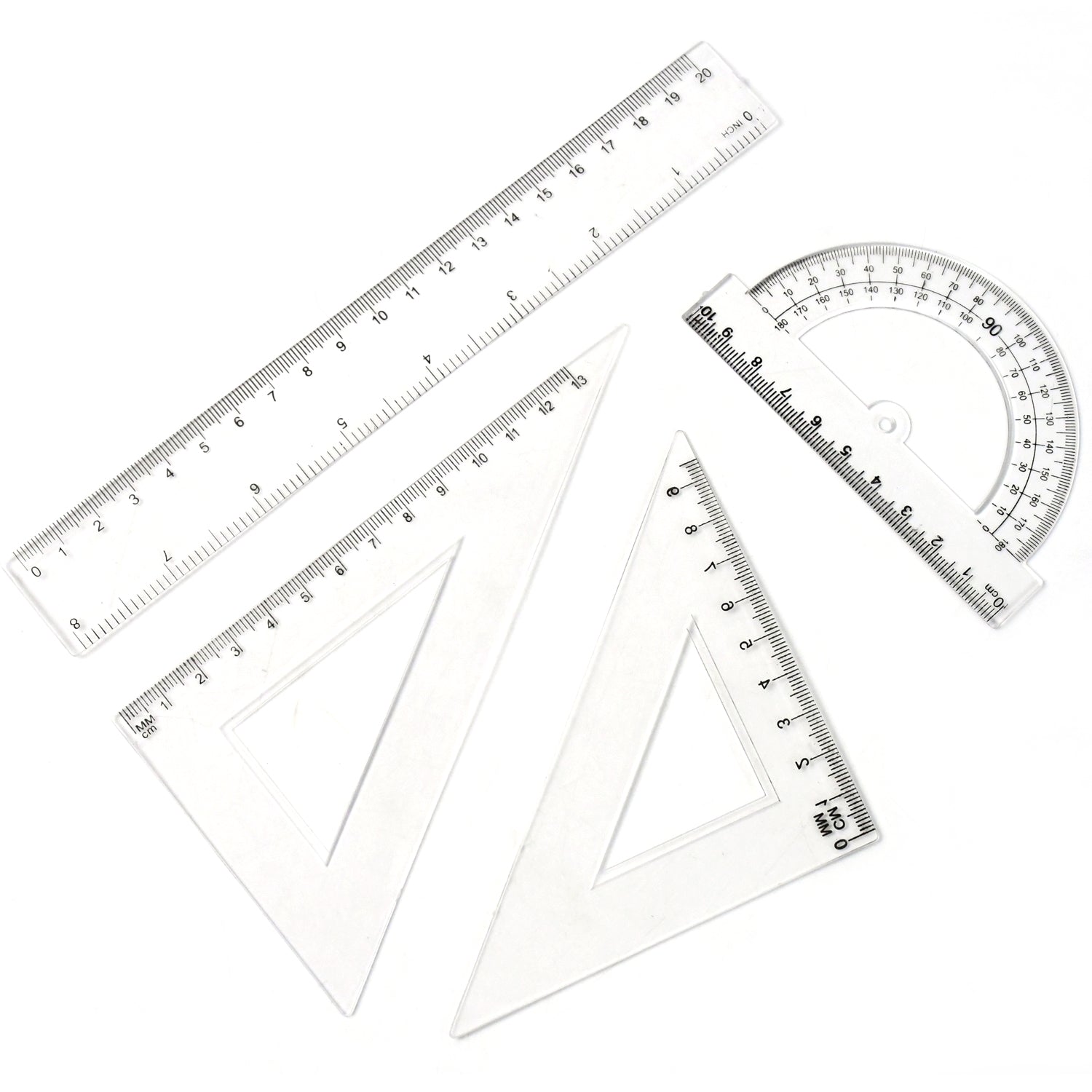 Wukusy plastic geometry set including triangle ruler, protractor, and straight rulers for office and educational use.