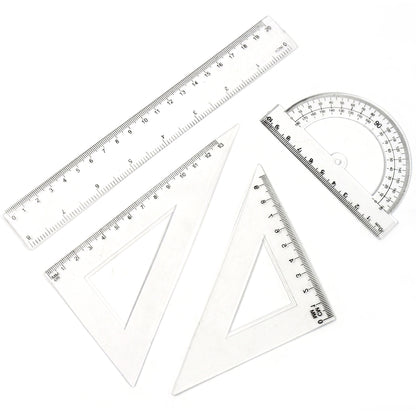 Wukusy plastic geometry set including triangle ruler, protractor, and straight rulers for office and educational use.