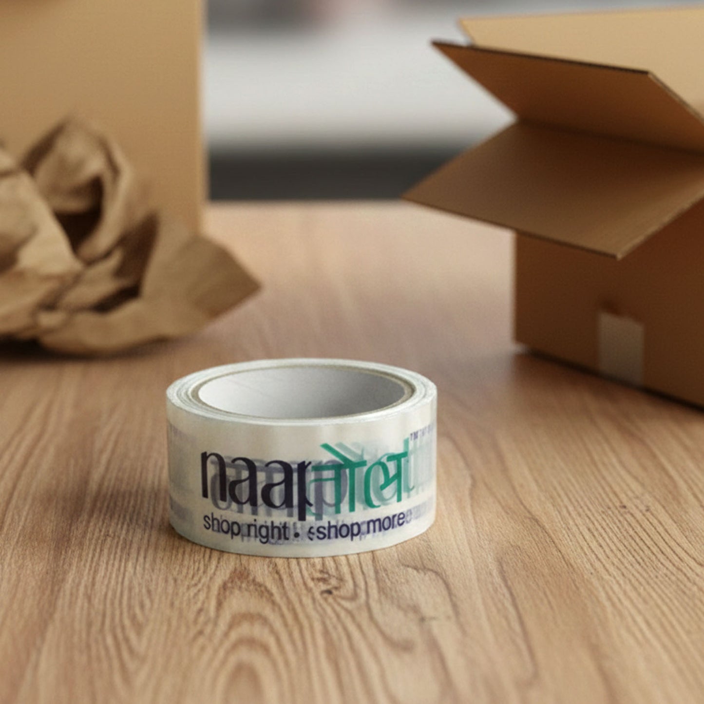 Wukusy Naaptol printed heavy-duty packaging tape 100x50mm on a roll, designed for secure parcel sealing and shipping.