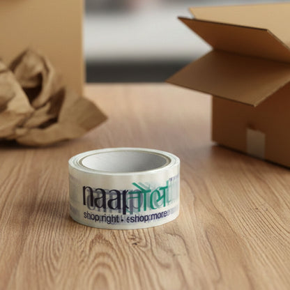 Wukusy Naaptol printed heavy-duty packaging tape 100x50mm on a roll, designed for secure parcel sealing and shipping.