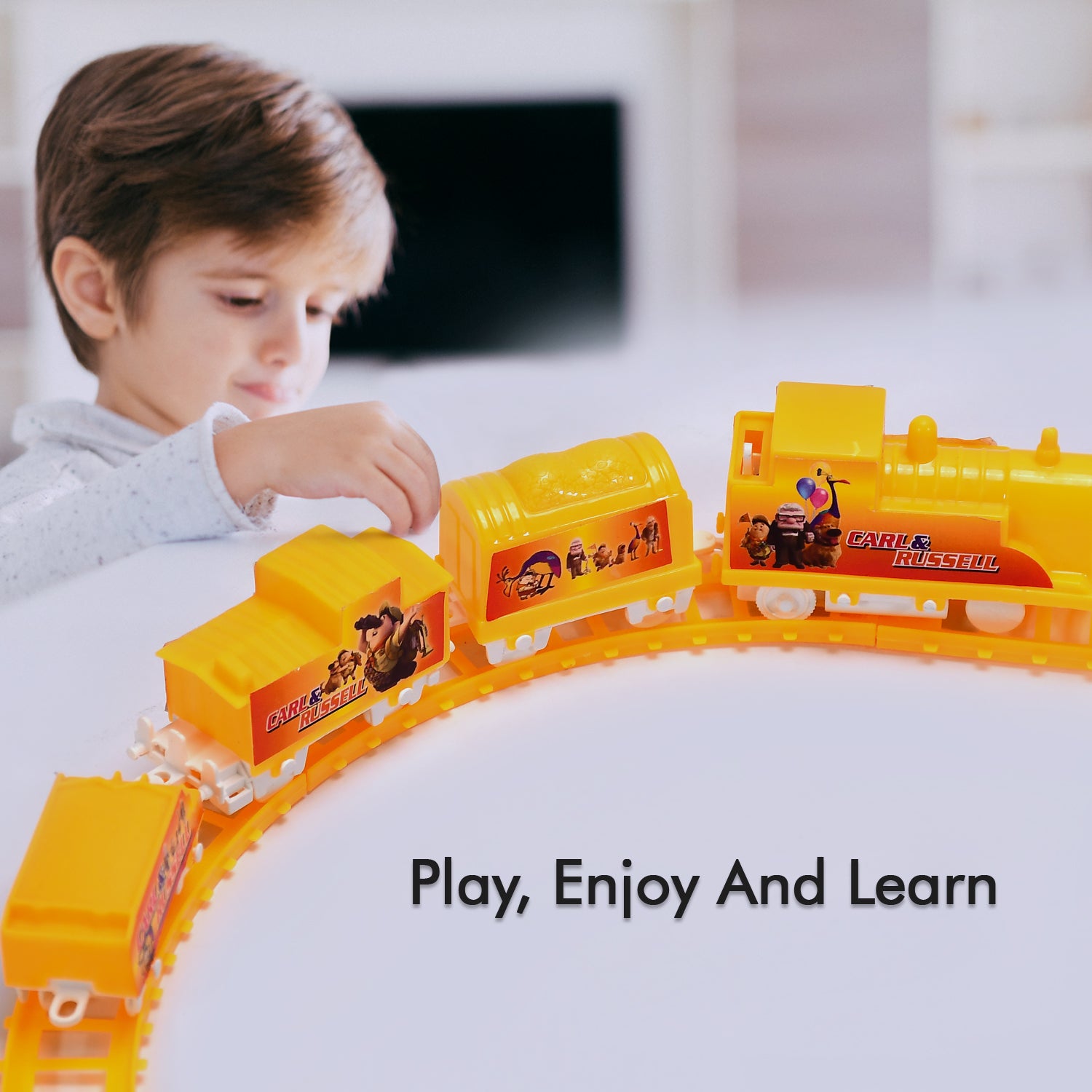 Wukusy kids toy train set featuring a high-speed battery-operated train with lights and sound, perfect for imaginative play.
