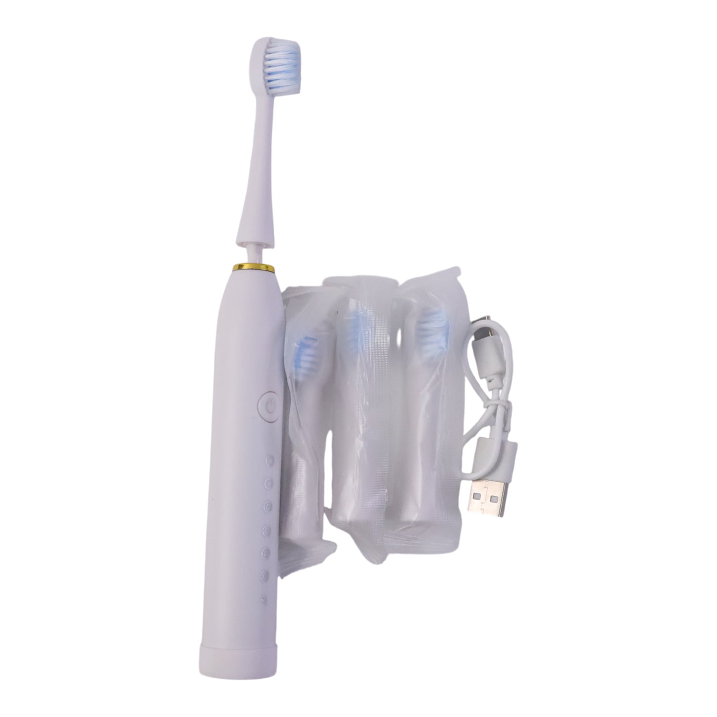 Wukusy rechargeable electric toothbrush in white with three extra brush heads, showing the toothbrush and replacement heads.