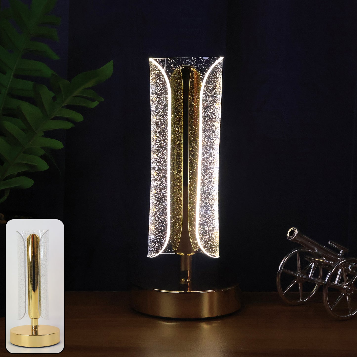 Luxury tall cylindrical crystal table lamp by Wukusy with a sleek design and transparent crystal base on a neutral surface.