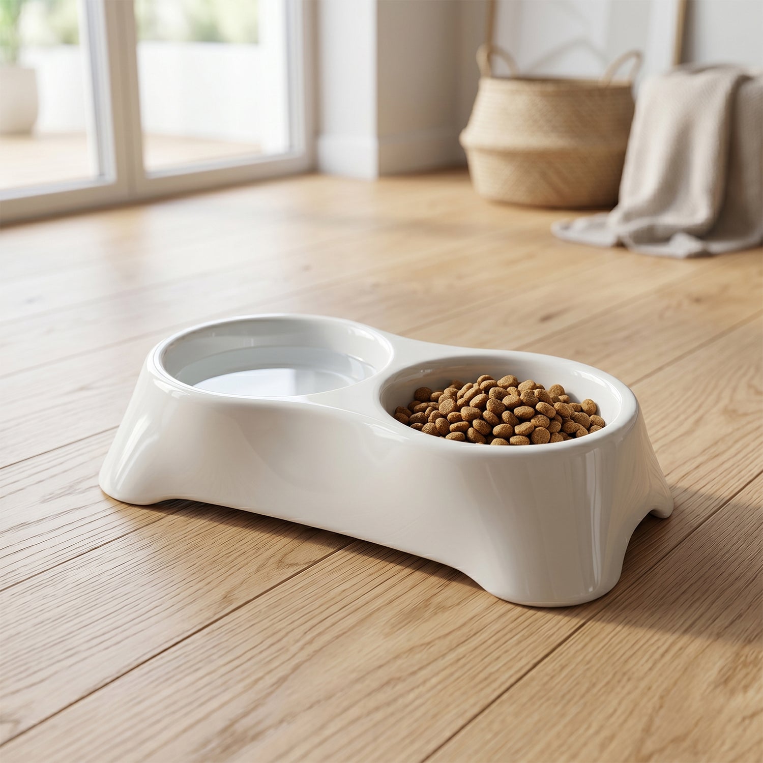 Wukusy dual pet food and water feeding tray with two bowls for dogs and cats, made of durable material.