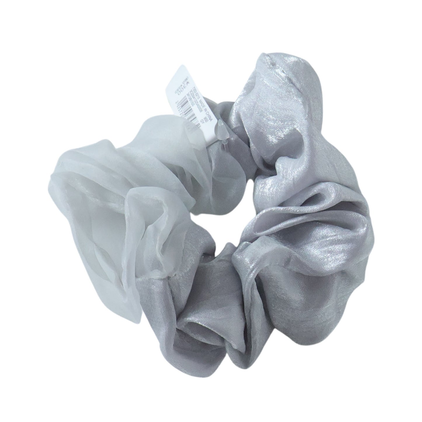 Wukusy dual-tone satin mesh fabric hair scrunchie on a hair strand, showcasing soft, shiny material and stylish design.