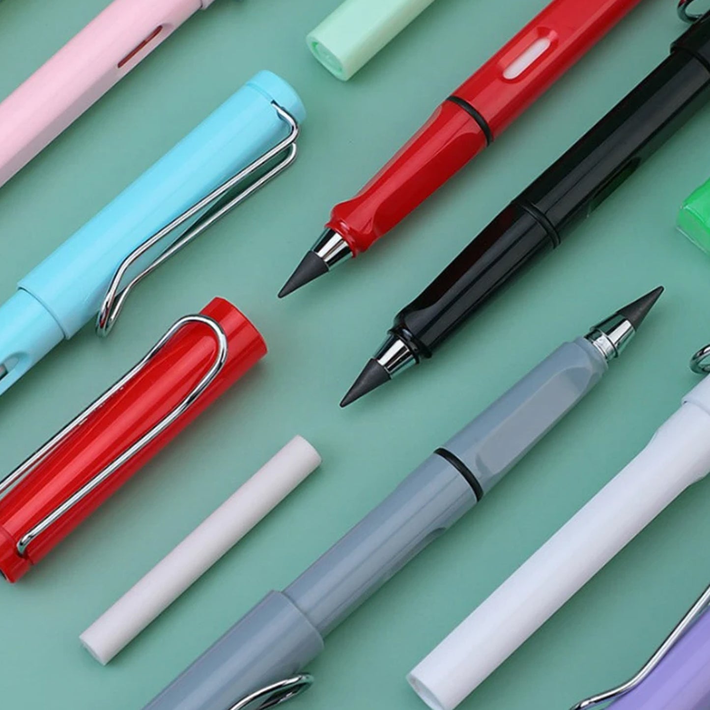 Wukusy 2-in-1 everlasting inkless pencil with replaceable head and eraser, reusable magic stationery for kids and office use.