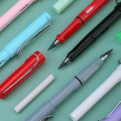 Wukusy 2-in-1 everlasting inkless pencil with replaceable head and eraser, reusable magic stationery for kids and office use.
