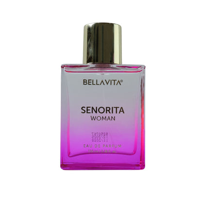 Bellavita Premium Senorita Woman Eau De Perfume bottle by Wukusy, 100ml, with elegant design and floral fragrance details.