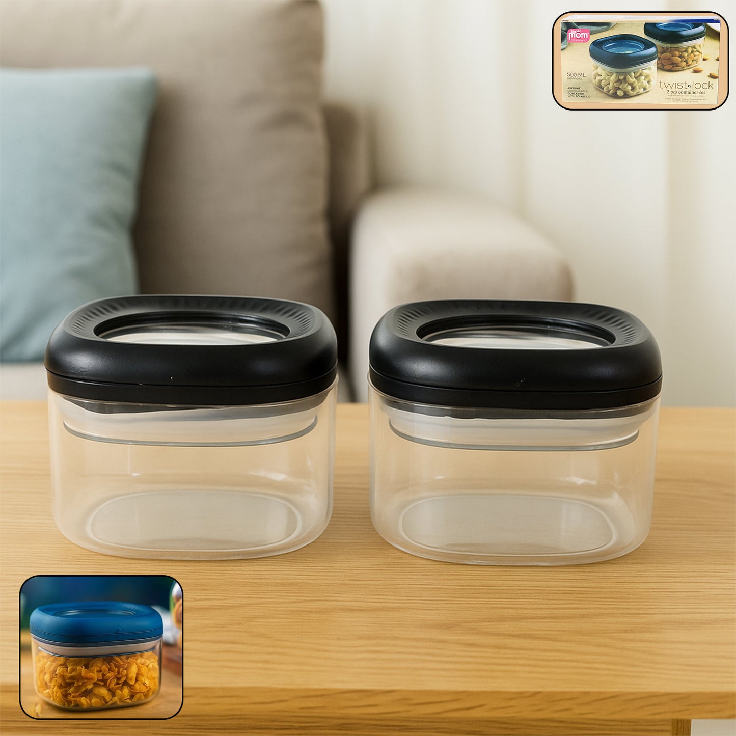 Wukusy Supermom plastic twist lock storage container set with two 500ml containers for kitchen organization and food storage.