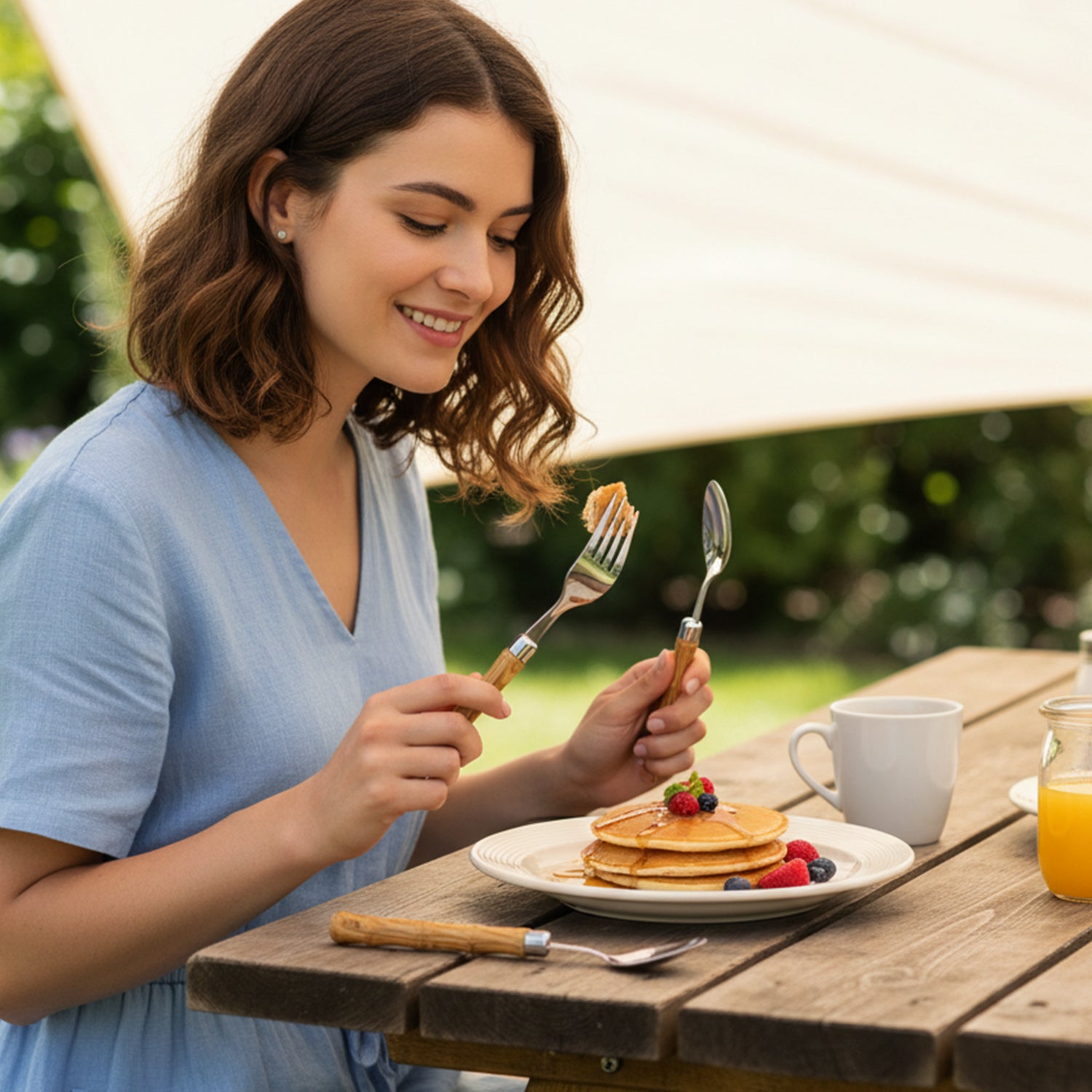 Wukusy 24-piece stainless steel cutlery set with wooden finish handles, including forks, knives, spoons, and teaspoons.