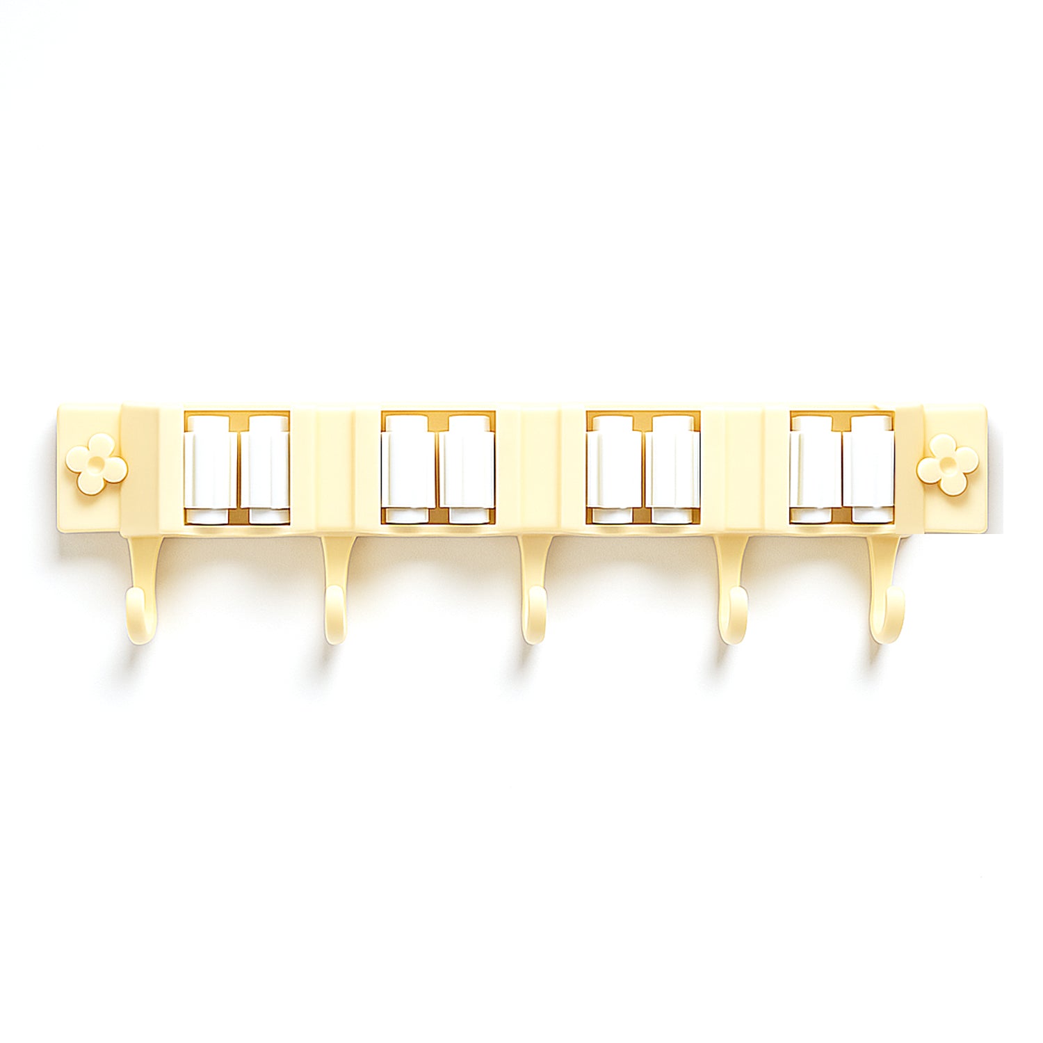 Wukusy self-adhesive wall-mount broom and mop holder rack attached to a wall in a home improvement setting.