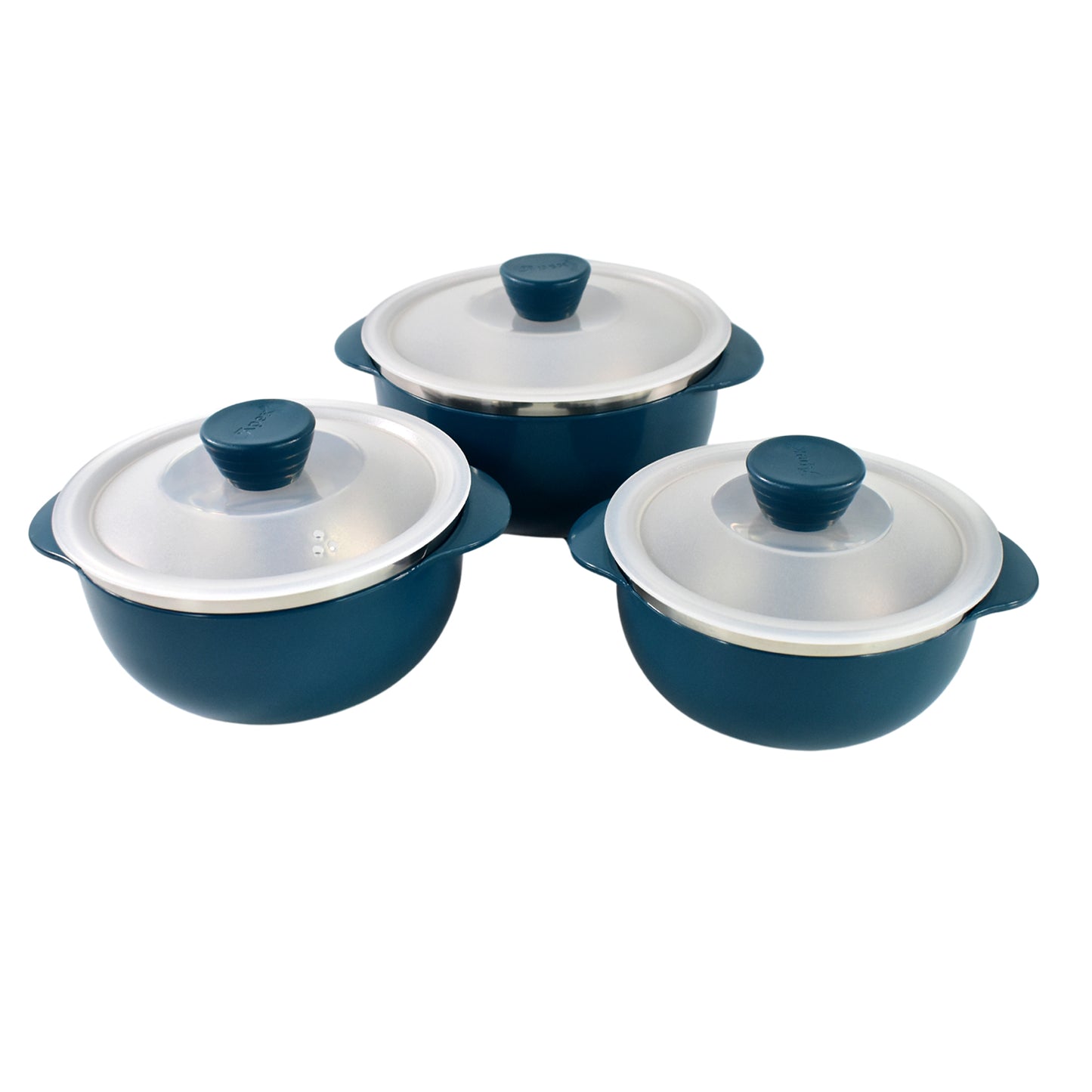 Set of three Wukusy Apex microwave-safe serving bowls in 700ml, 1000ml, and 1400ml sizes, shown stacked with lids.