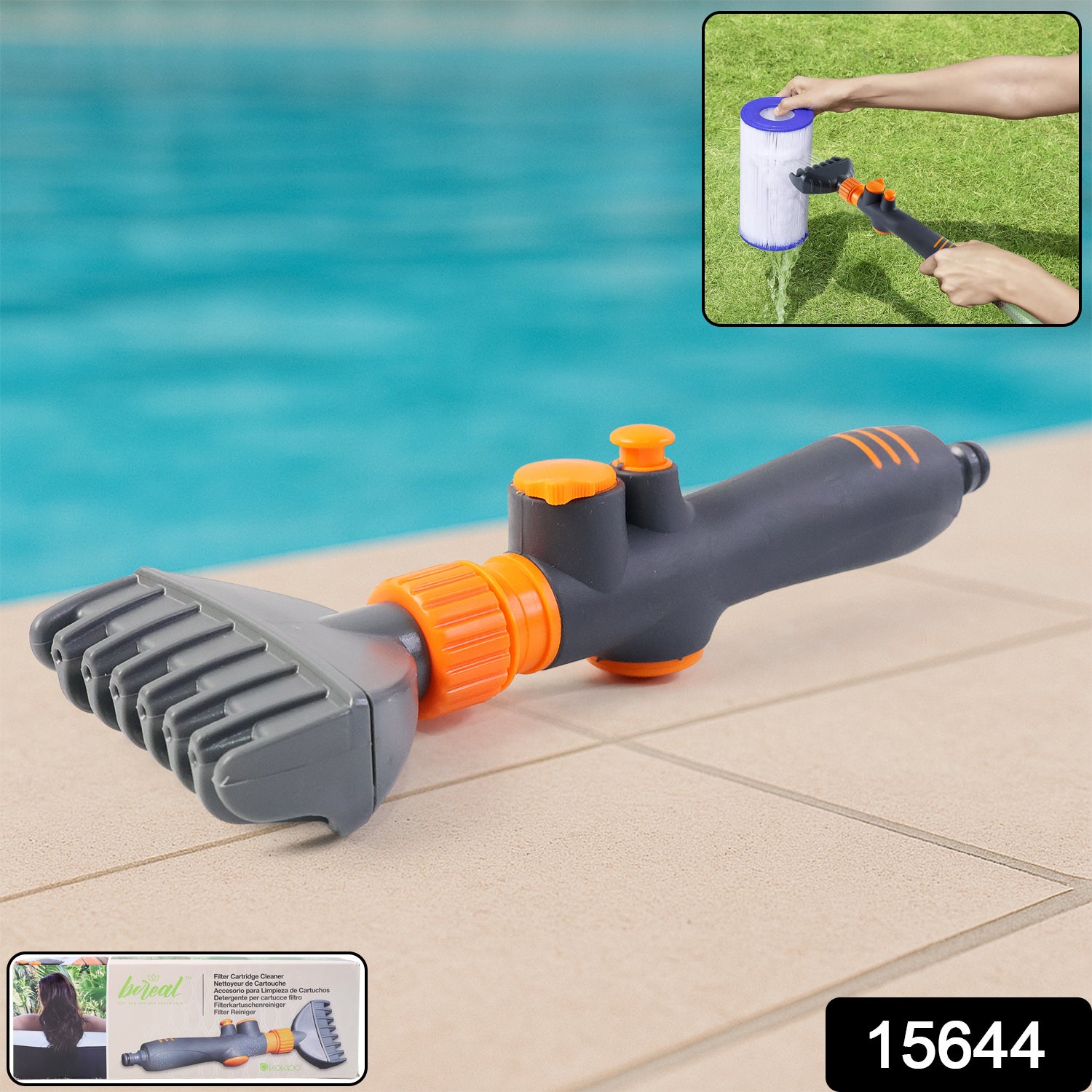 Wukusy high-pressure pool filter cartridge cleaner nozzle attached to a garden hose for easy filter maintenance.