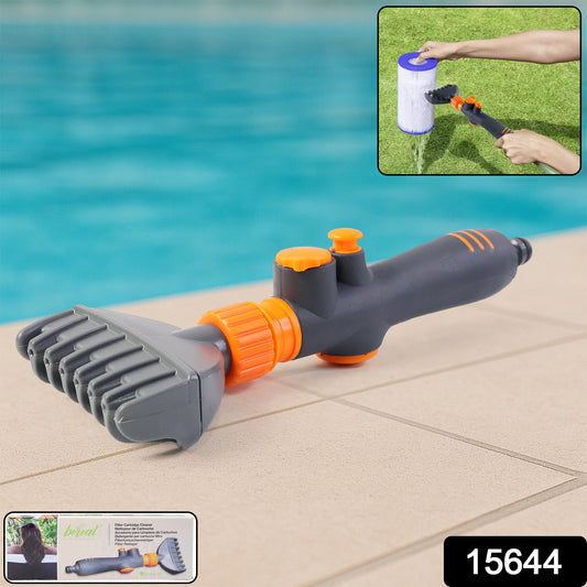 Wukusy high-pressure pool filter cartridge cleaner nozzle attached to a garden hose for easy filter maintenance.