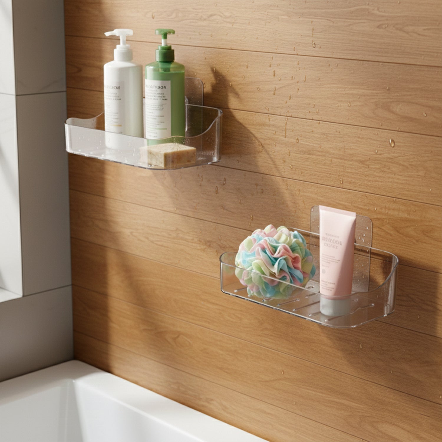 Wall-mounted transparent soap dish holder set by Wukusy, made of clear plastic, ideal for bathroom or kitchen organization.