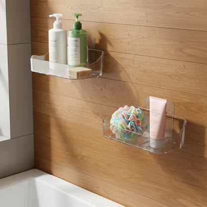 Wall-mounted transparent soap dish holder set by Wukusy, made of clear plastic, ideal for bathroom or kitchen organization.