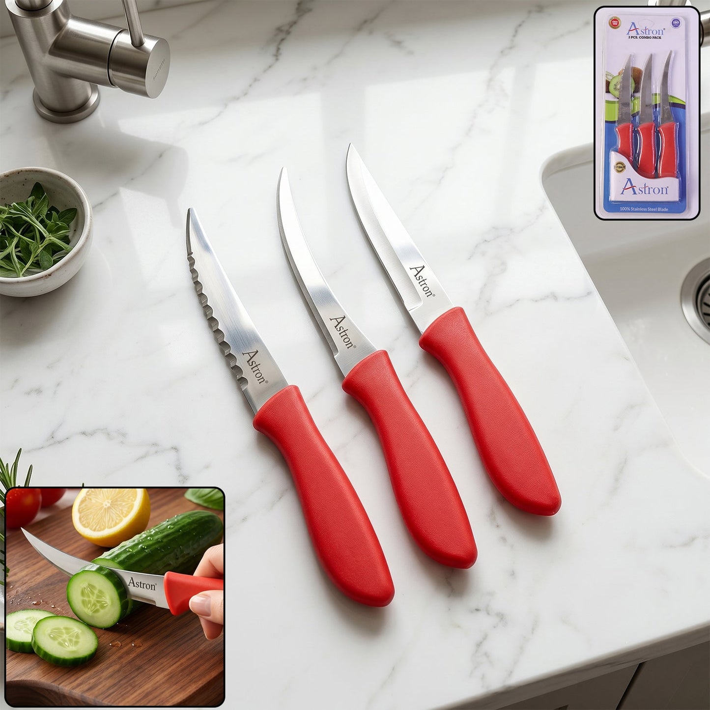 Wukusy SS Classic kitchen knife set with three stainless steel knives featuring plastic handles, displayed on a wooden cutting board