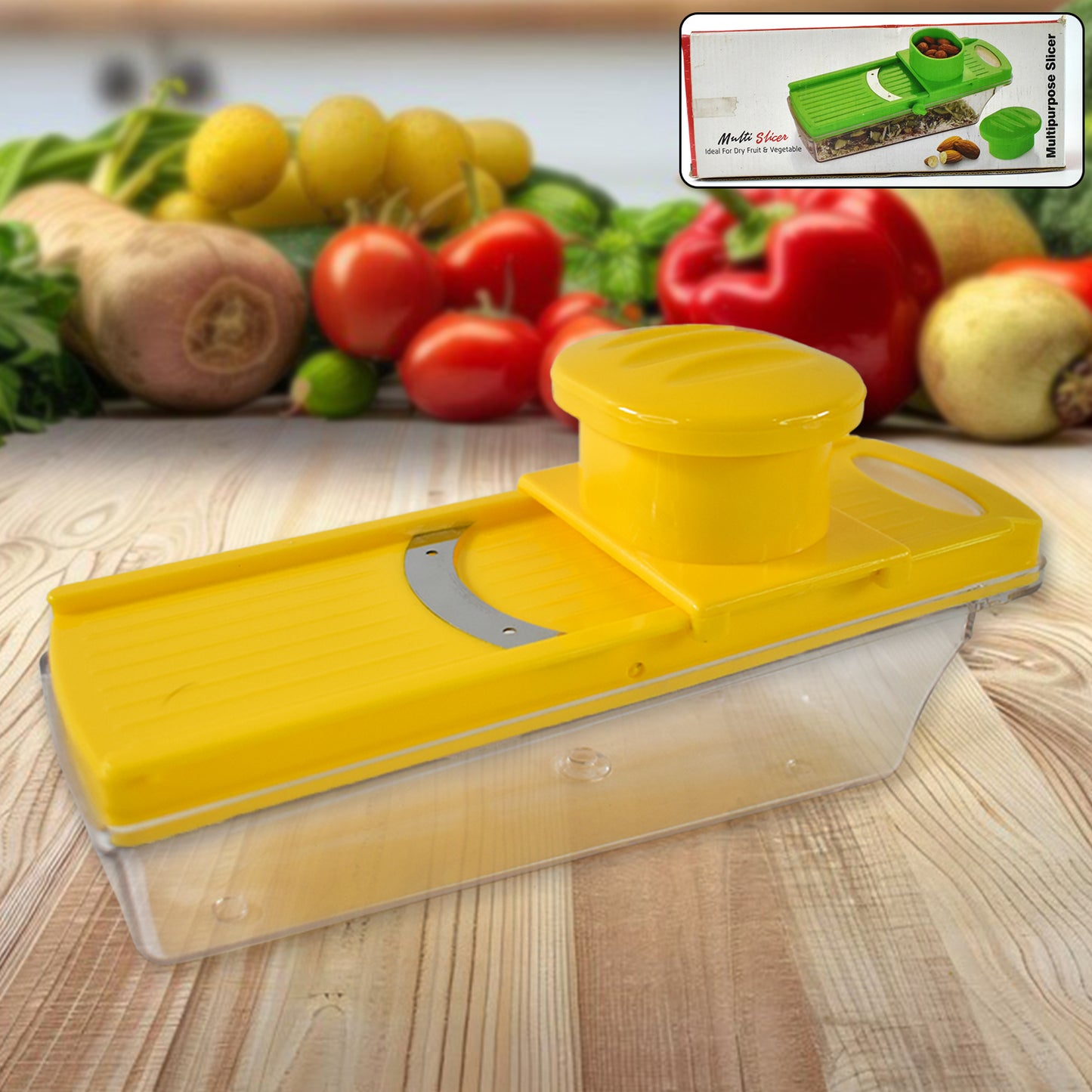 Yellow Wukusy vegetable and fruit slicer with multiple blades for quick, even slicing of vegetables and fruits.