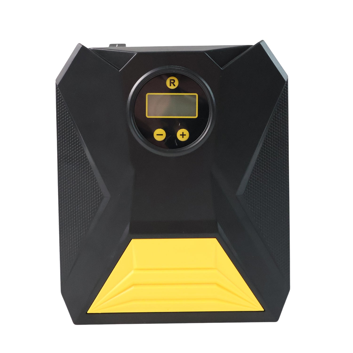 Wukusy mini digital portable car tyre air compressor showing digital display and air hose for automotive inflation.