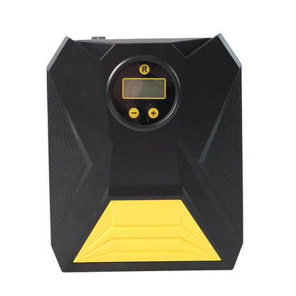 Wukusy mini digital portable car tyre air compressor showing digital display and air hose for automotive inflation.