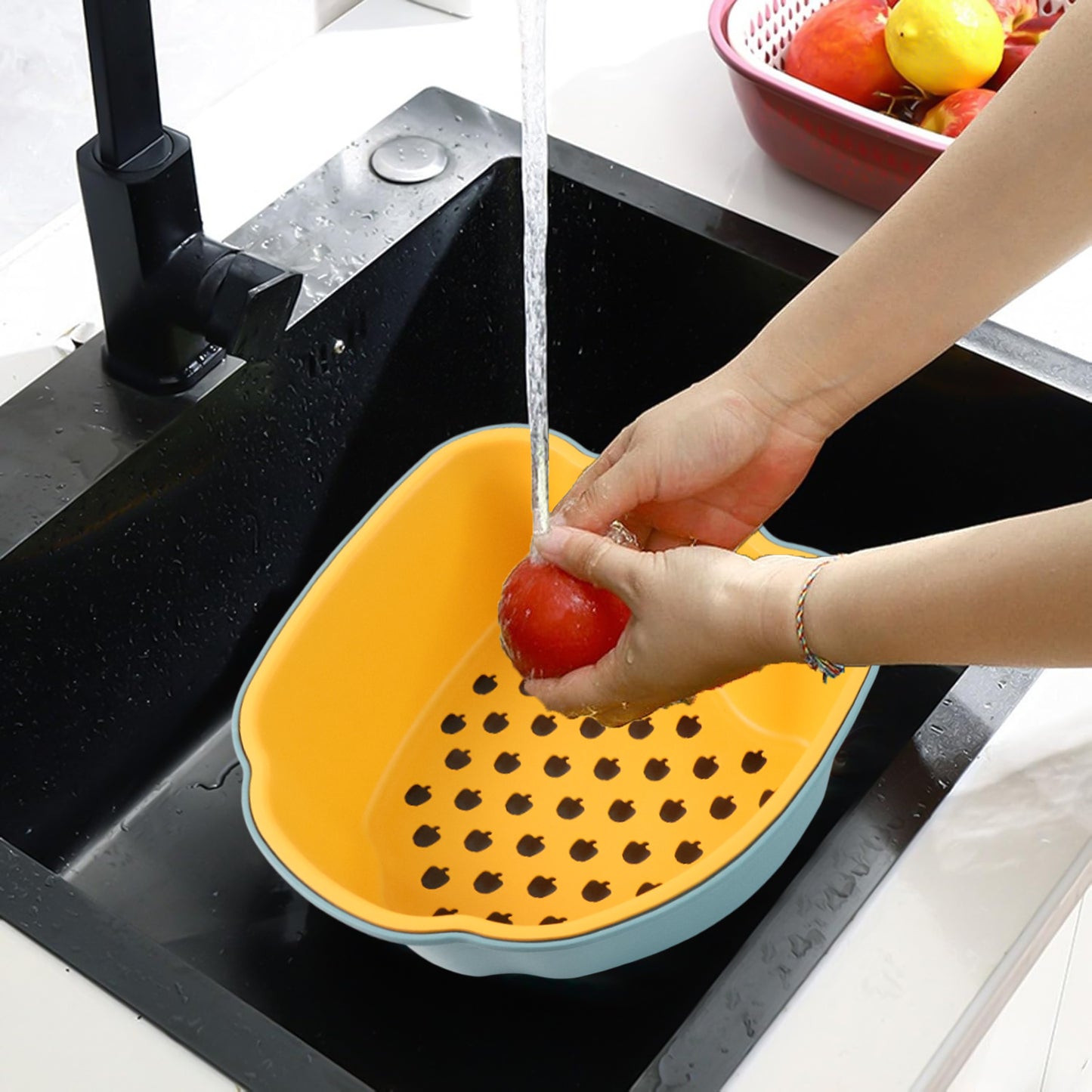 Wukusy pepper-shaped 2-in-1 washing bowl for kitchen use with a vibrant red pepper design, versatile for washing and soaking dishes.