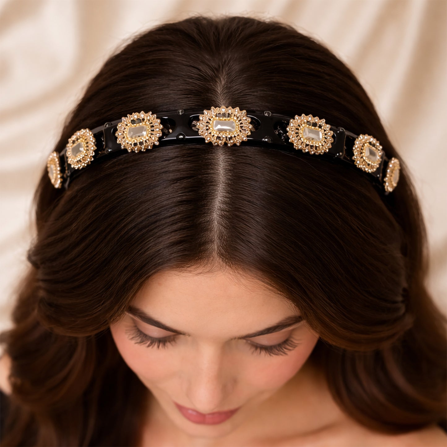 Wukusy gold stone studded designer hair band featuring elegant gold accents and sparkling stones, perfect for stylish hair accessories.